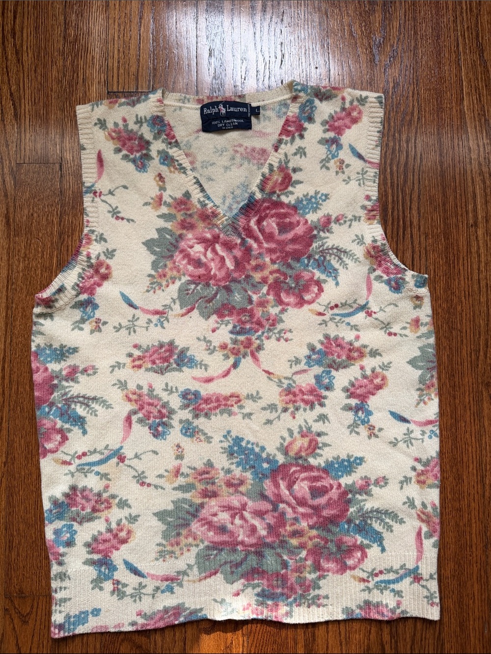 Ralph Lauren Vintage Floral Lambswool V-Neck Sweater Vest Size L